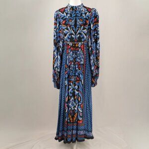 Farm Rio Gathered Printed Crepe de Chine Bishop-Sleeve Maxi Dress, Blue/Red, L